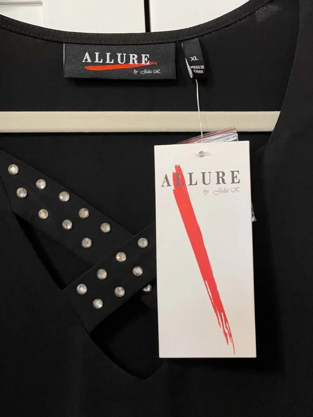 Allure by Julia K. Black Rhinestone Crisscross V-Neck Maxi Dress Size XL - Picture 3 of 4